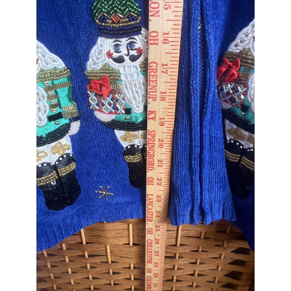 VTG Christopher Radko Christmas Zip Up Cardigan XL Beaded Nutcracker Blue - Picture 11 of 14